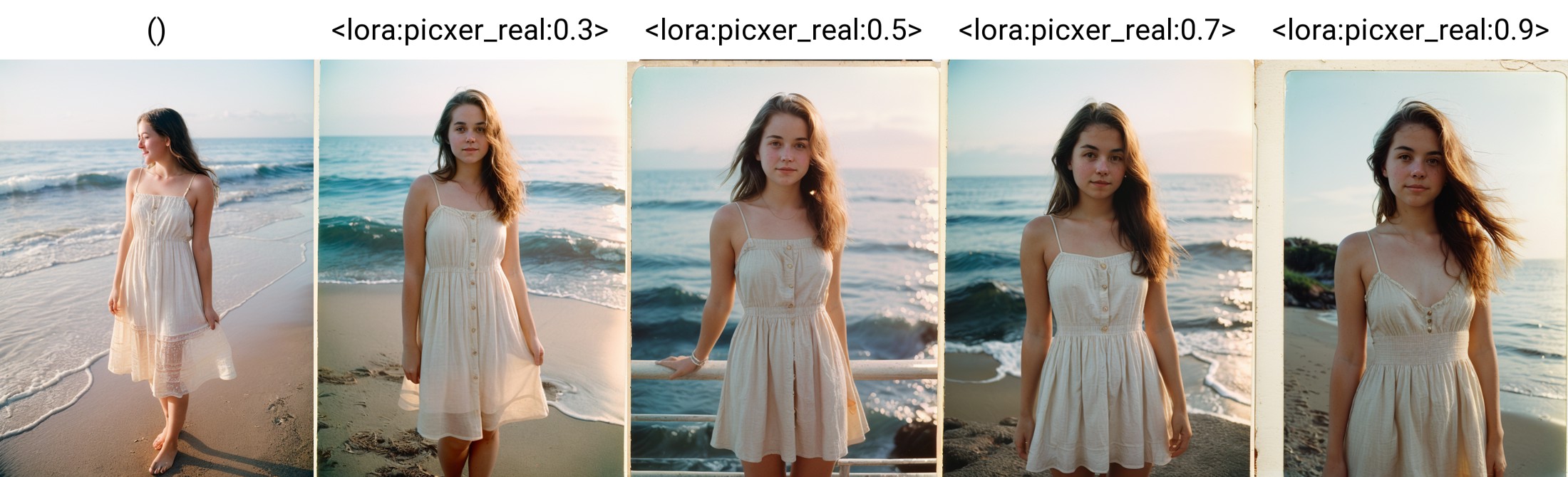 analog photo, upper body, a cute girl, sundress, golden hour, sea, vintage, faded film, (white frame:0.8) ()